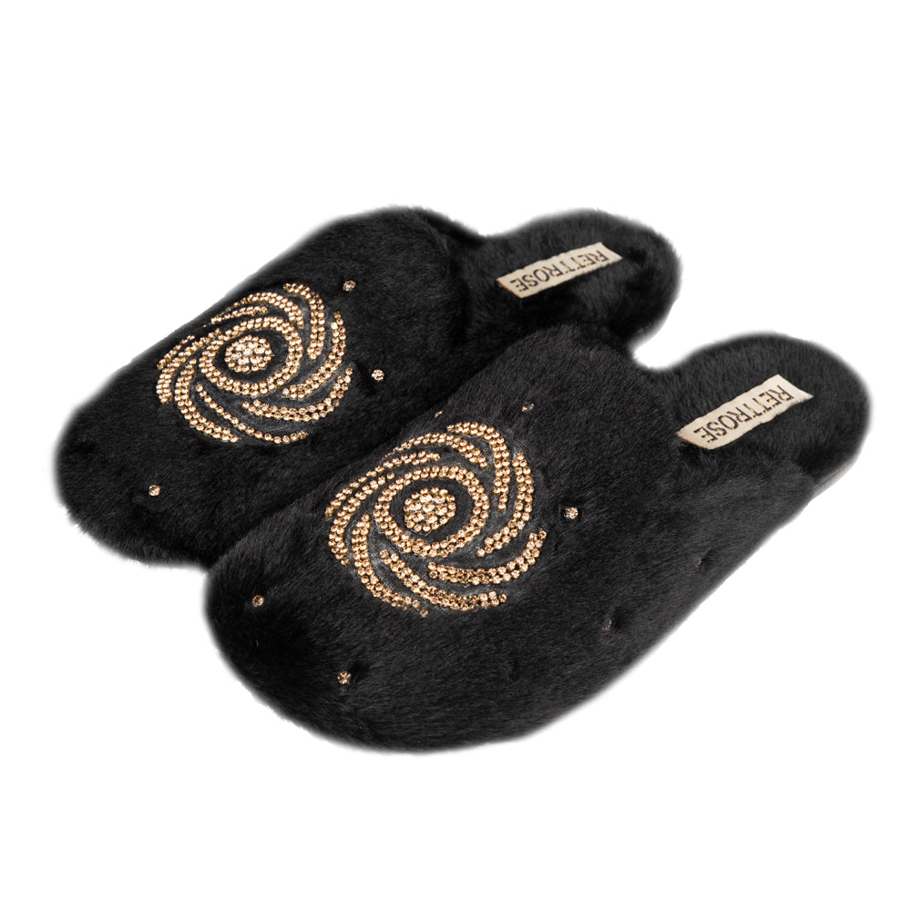 Morgan Black Luxury Faux Fur Comfortable Diamanté Embellished Women’s Handmade Slippers