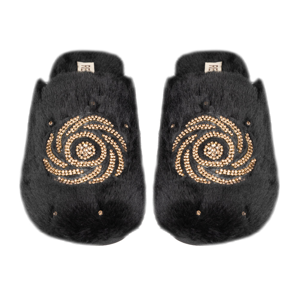 Morgan Black Luxury Faux Fur Comfortable Diamanté Embellished Women’s Handmade Slippers