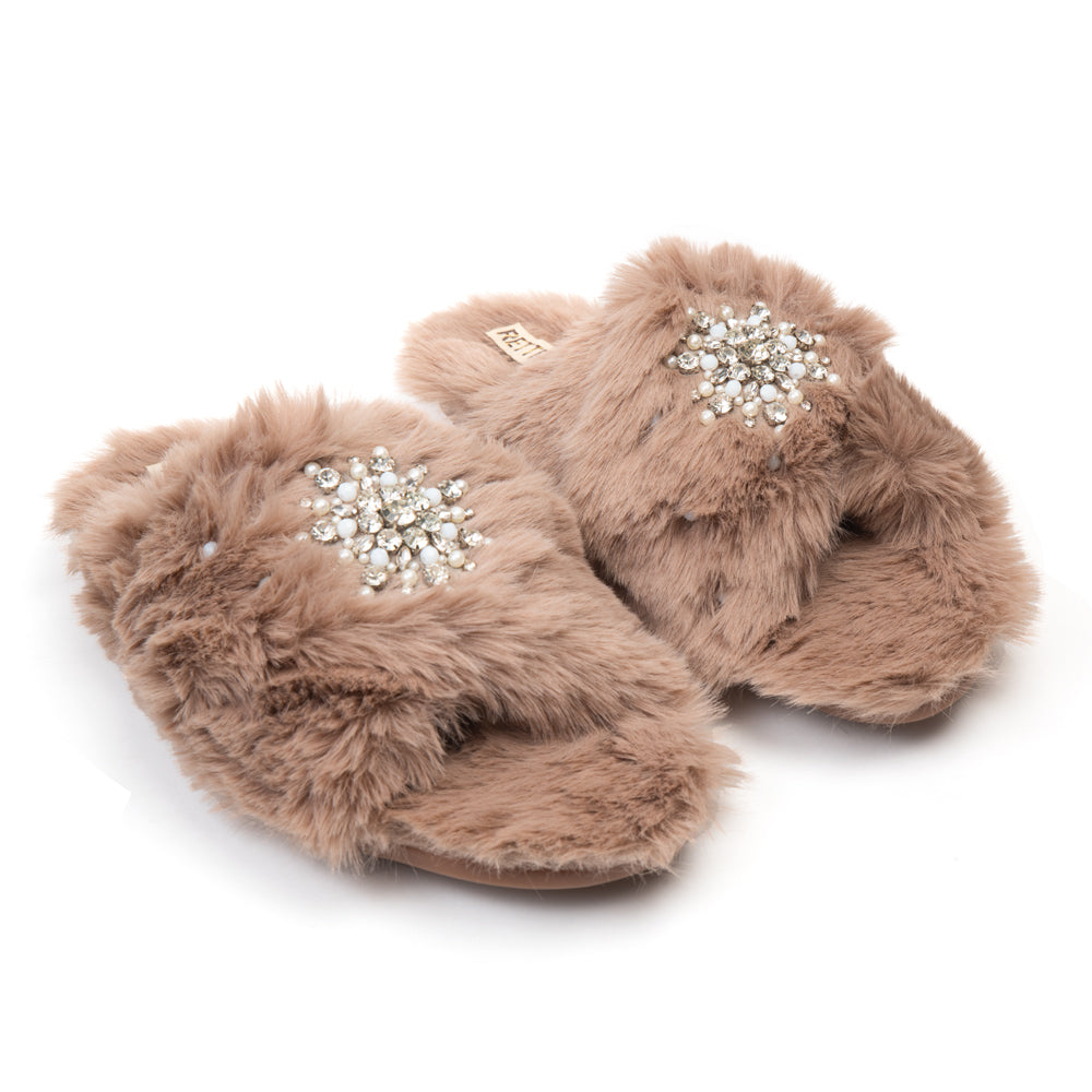 Alice Mink Luxury Plush Diamanté Embellished Handmade Slipper