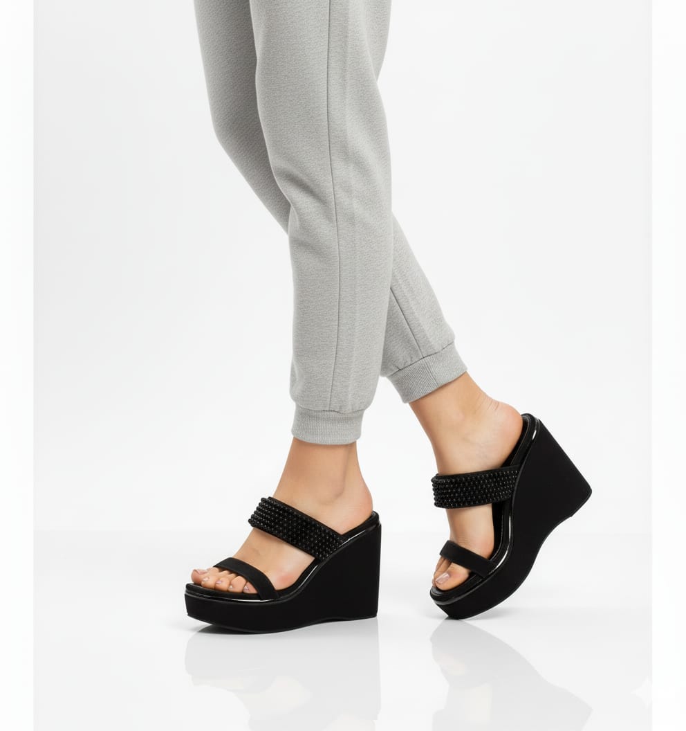 The Sara Black Luxury Handmade Women’s Wedge Heels – Embellished, Comfortable, Synthetic, 8.5cm Heel