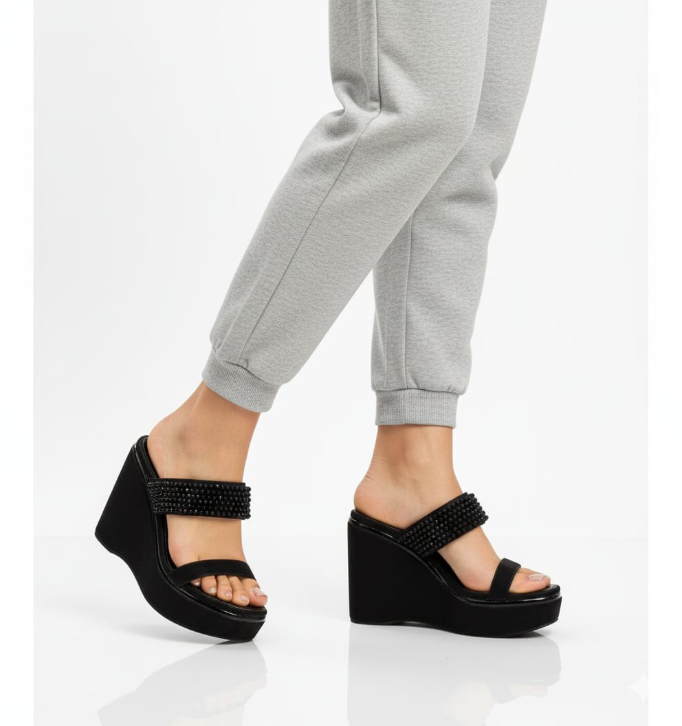 The Sara Black Luxury Handmade Women’s Wedge Heels – Embellished, Comfortable, Synthetic, 8.5cm Heel