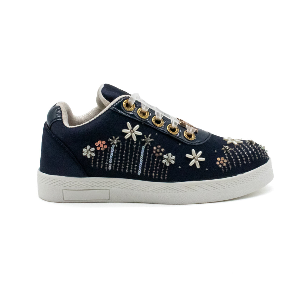 Luella Luxury Navy Satin Handmade Embellished Tennis Shoe