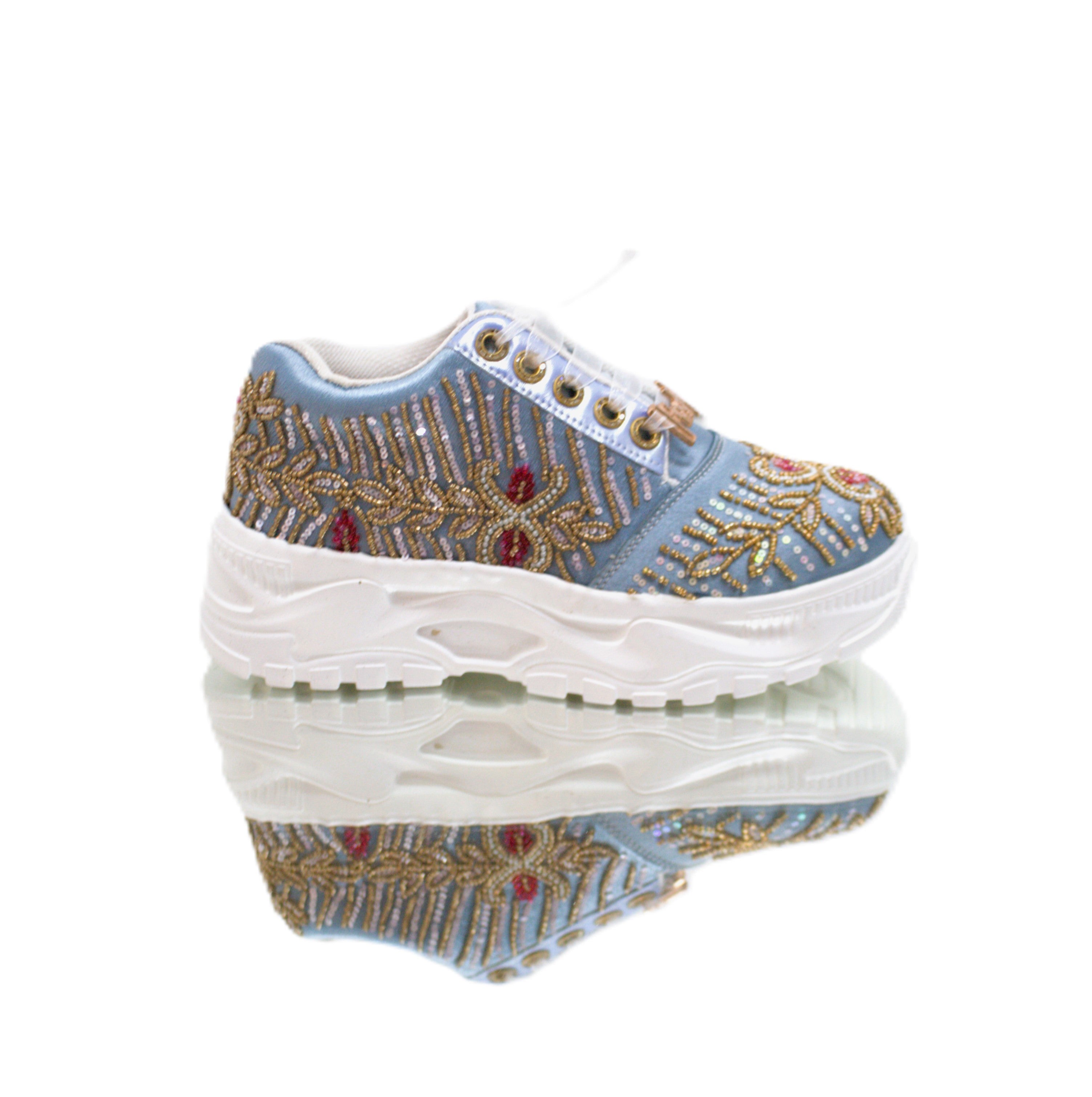 Athena Luxury Dusky Blue Satin Handmade Embellished Trainers