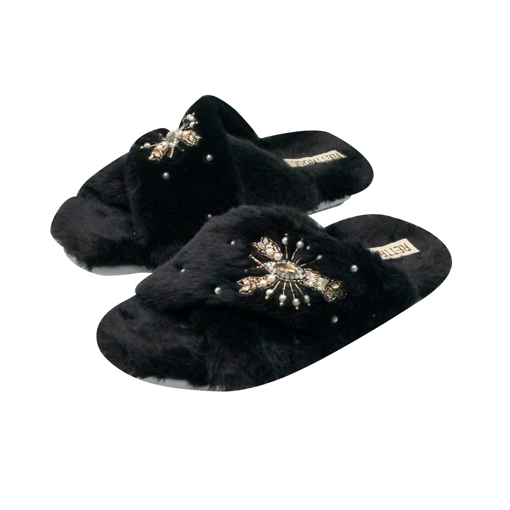The Anastasia Black Luxury Plush Diamanté Embellished Handmade Slipper | RETTROSE |
