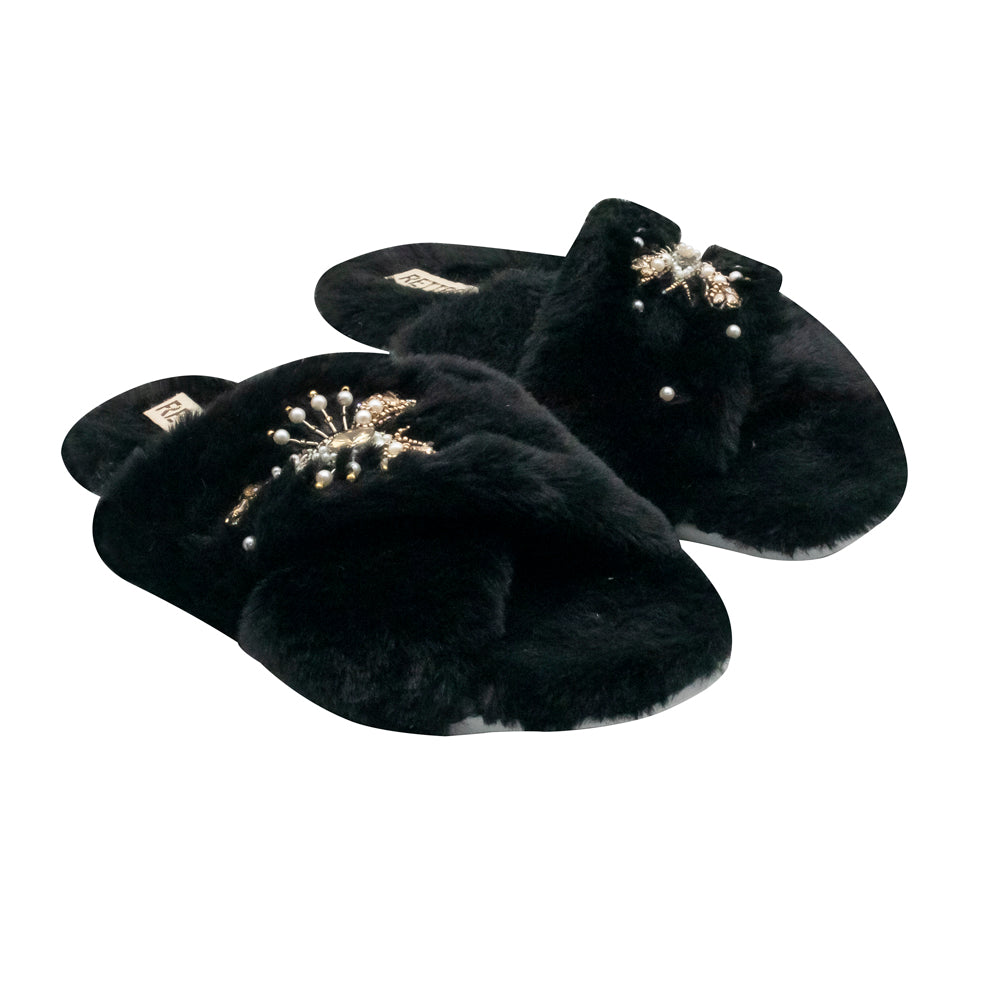 The Anastasia Black Luxury Plush Diamanté Embellished Handmade Slipper | RETTROSE |
