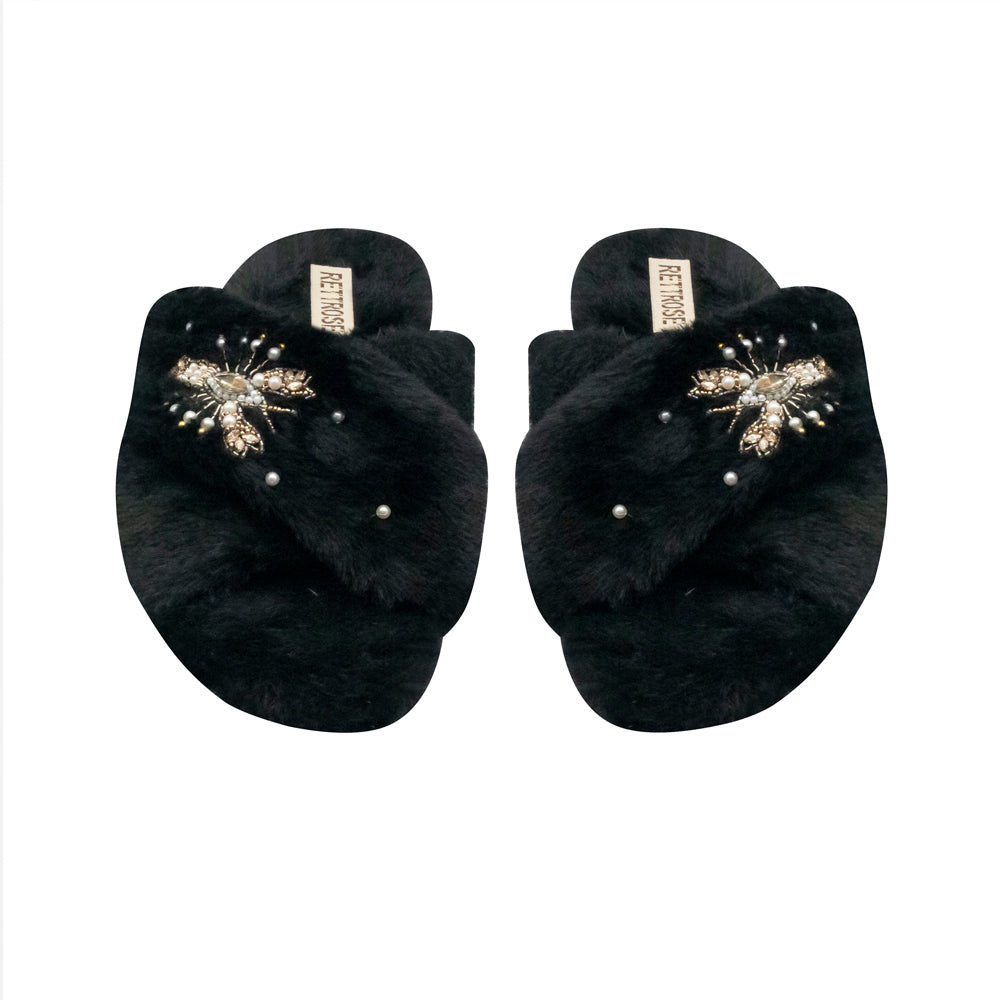 The Anastasia Black Luxury Plush Diamanté Embellished Handmade Slipper | RETTROSE |