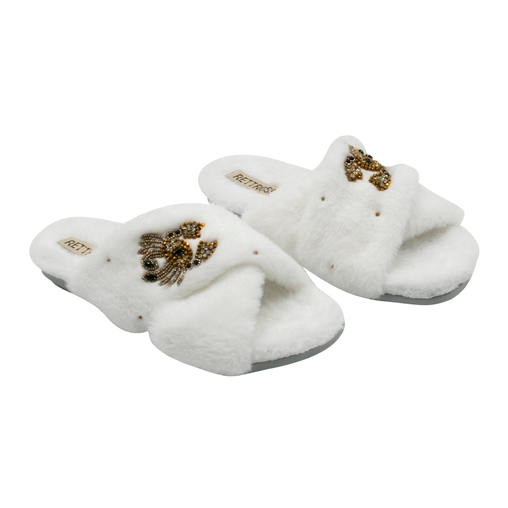The Sophie Cream Luxury Plush Diamanté Embellished Handmade Slipper