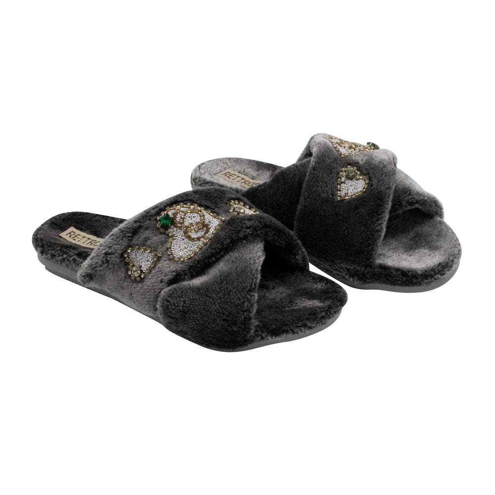 The Emmy Charcoal Luxury Plush Diamanté Embellished Handmade Slipper