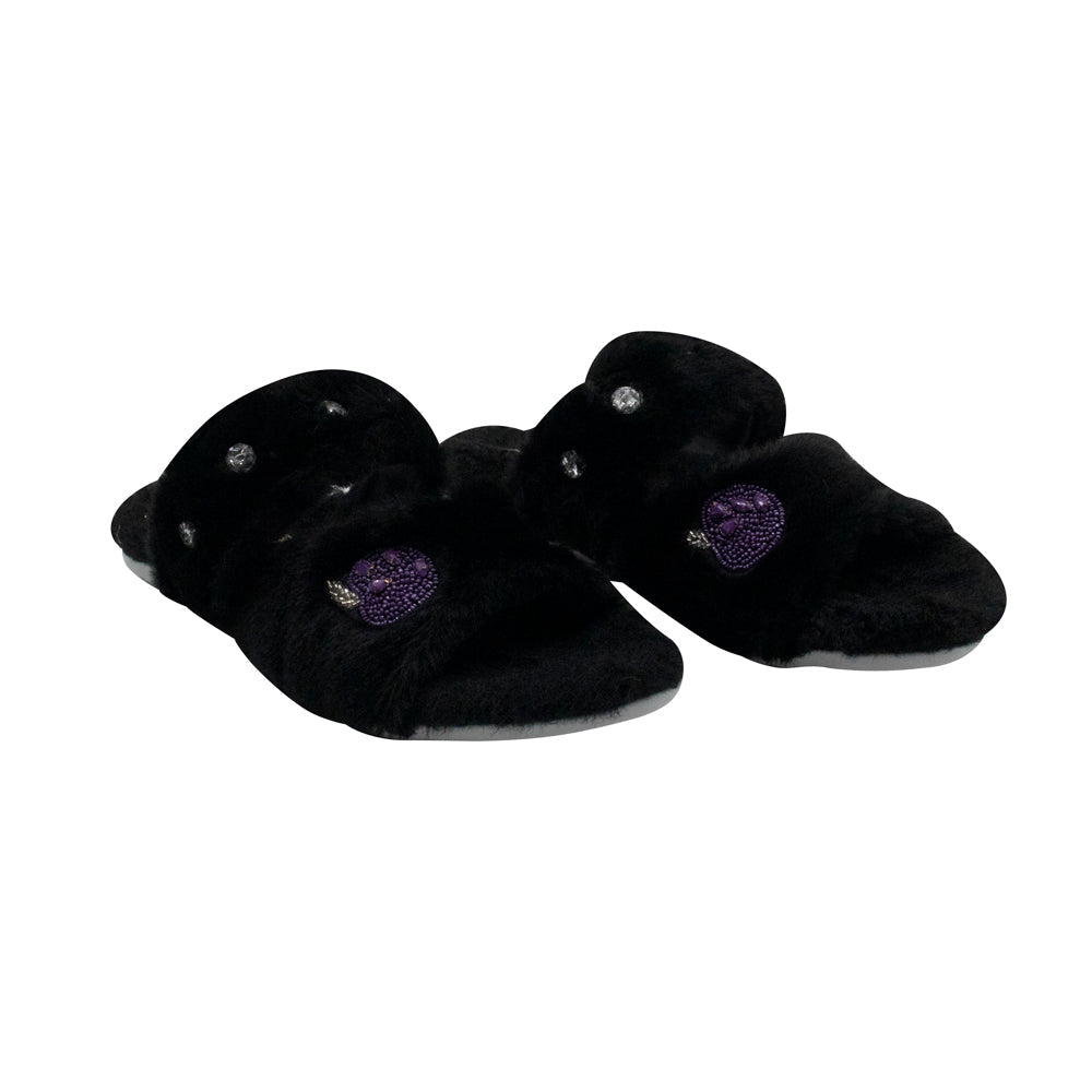 The Ada Black Luxury Plush Diamanté Embellished Handmade Slipper | RETTROSE |