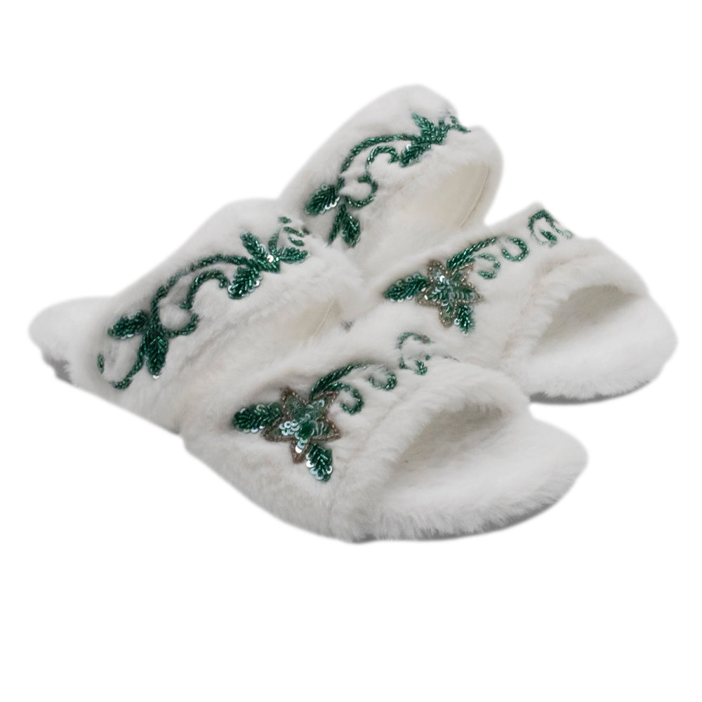 The Elkie Cream Luxury Plush Diamanté Embellished Handmade Slipper | RETTROSE |