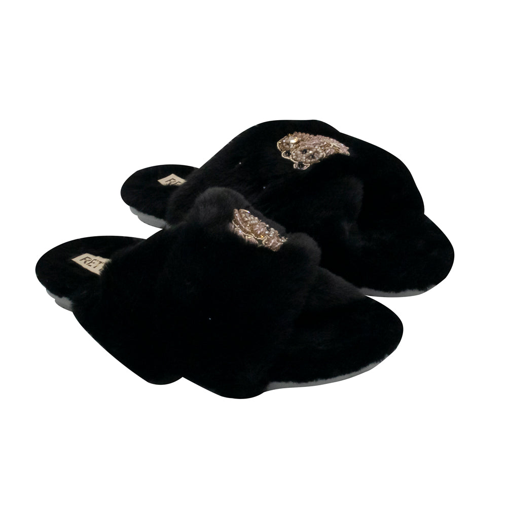 The Ember Black Luxury Plush Diamanté Embellished Handmade Slipper 