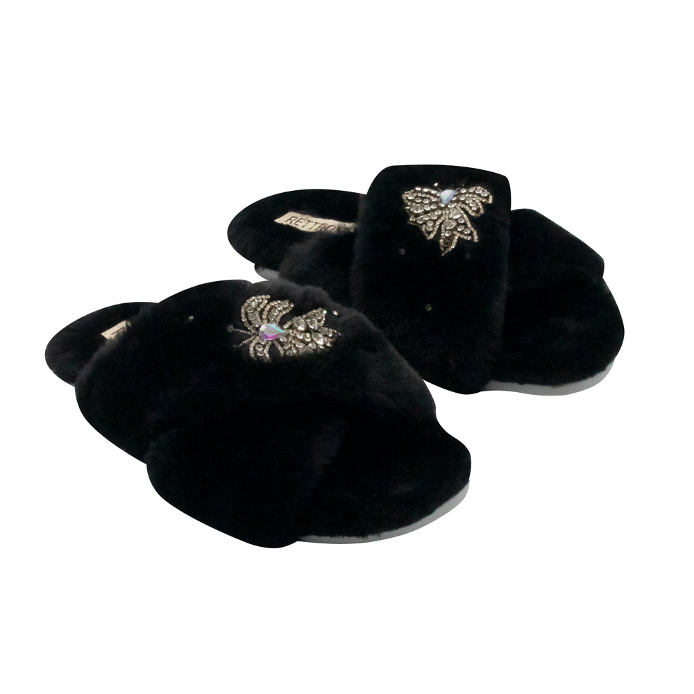 The Katherine Black Luxury Plush Diamanté Embellished Handmade Slipper
