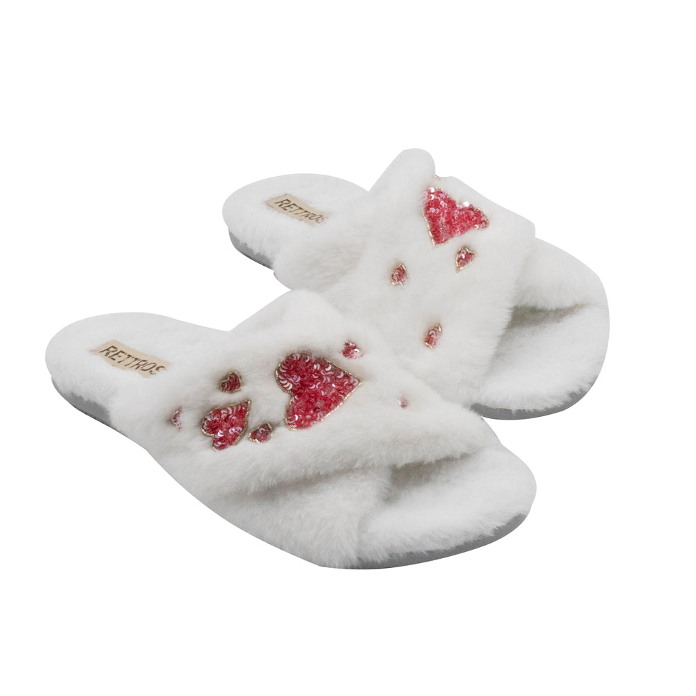 The Kaylee Cream Luxury Plush Diamanté Embellished Handmade Slipper | RETTROSE |