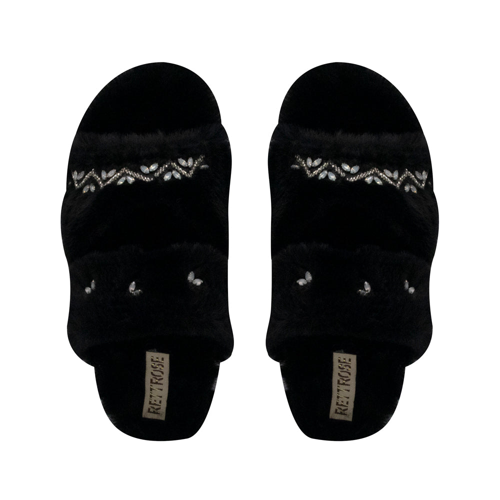 The Myla Black Luxury Plush Diamanté Embellished Handmade Slipper | RETTROSE |