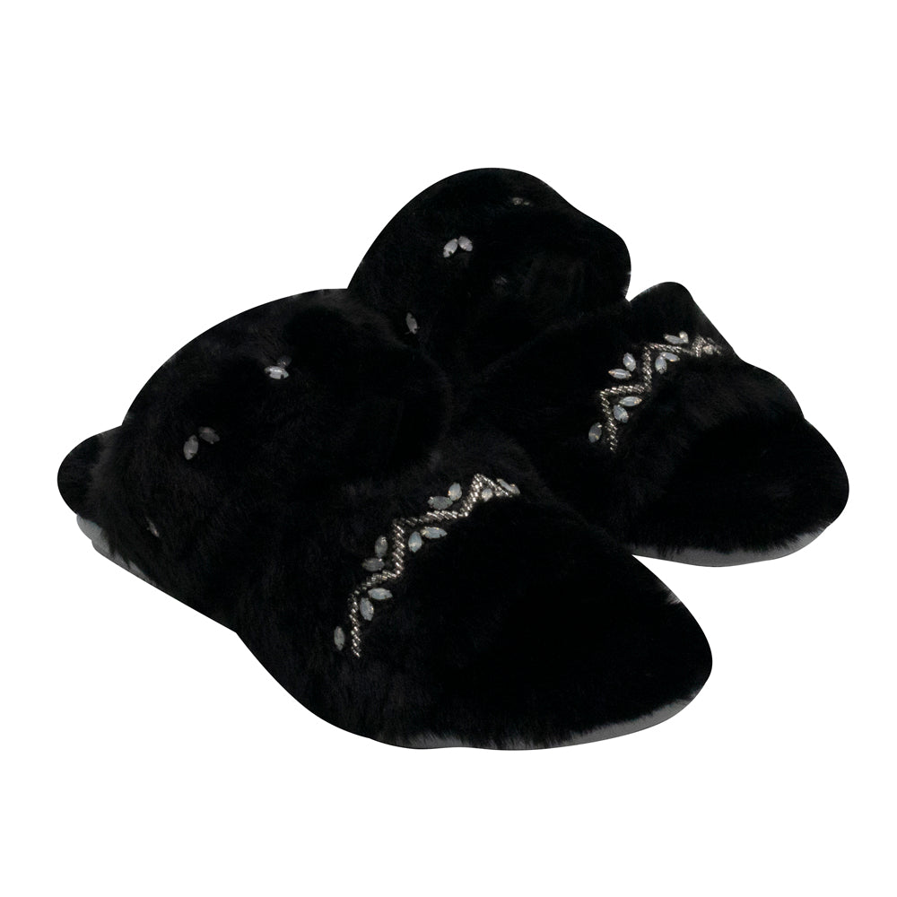 The Myla Black Luxury Plush Diamanté Embellished Handmade Slipper | RETTROSE |