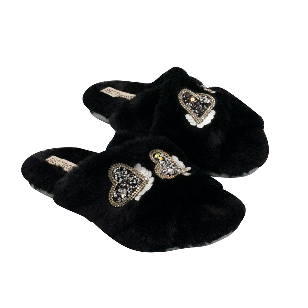 The Katie Black Luxury Plush Diamanté Heart Embellished Handmade Slipper | RETTROSE |