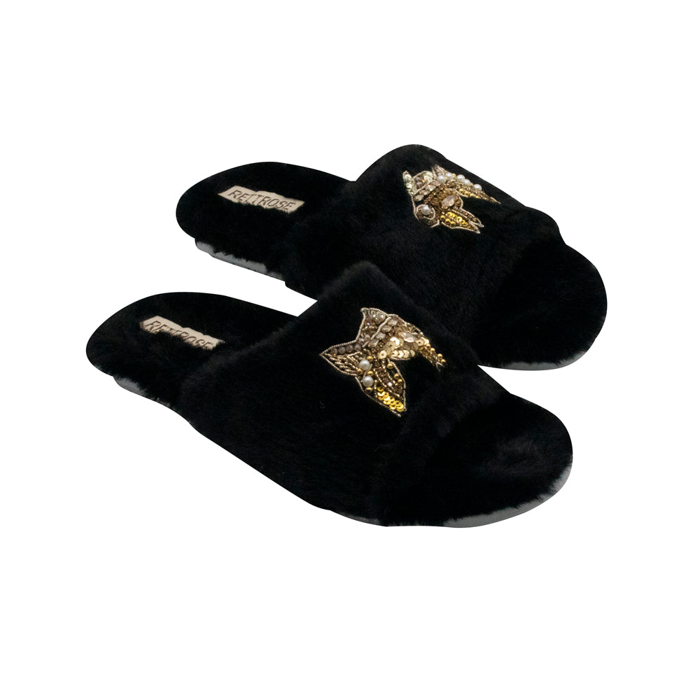 The Mae Black Luxury Plush Diamanté Embellished Handmade Slipper | RETTROSE |