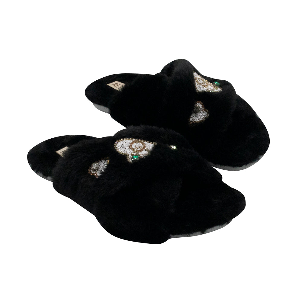 The Emmy Black Luxury Plush Diamanté Embellished Handmade Slipper | RETTROSE |