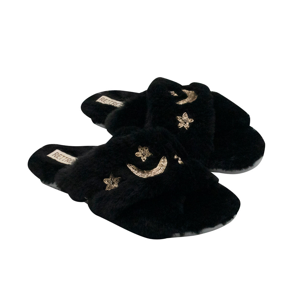 The Isabel Black Luxury Plush Diamanté Embellished Handmade Slipper | RETTROSE |