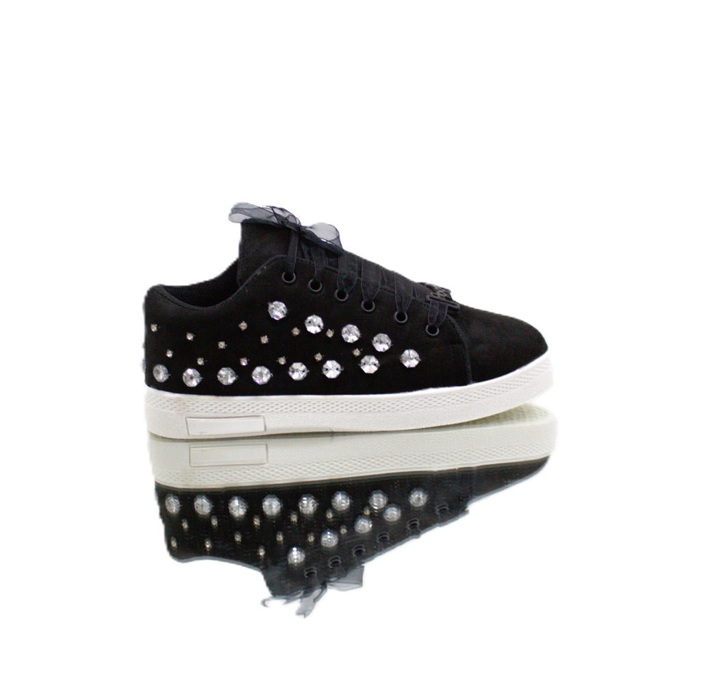 Rose Luxury Black Suede Handmade Embellished Tennis Shoe