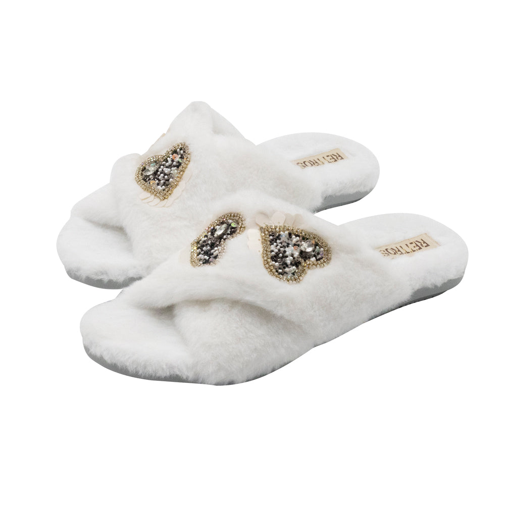 The Katie Cream Luxury Plush Diamanté Heart Embellished Handmade Slipper | RETTROSE |