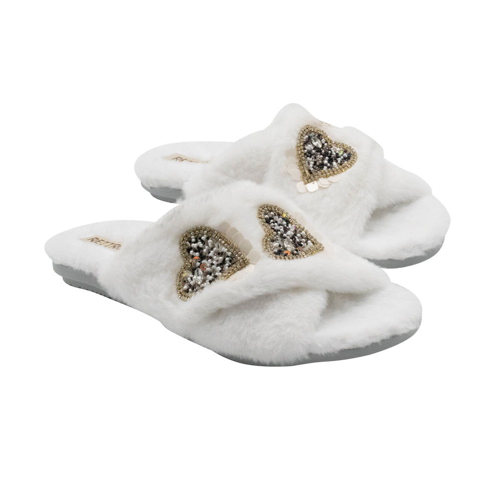The Katie Cream Luxury Plush Diamanté Heart Embellished Handmade Slipper | RETTROSE |
