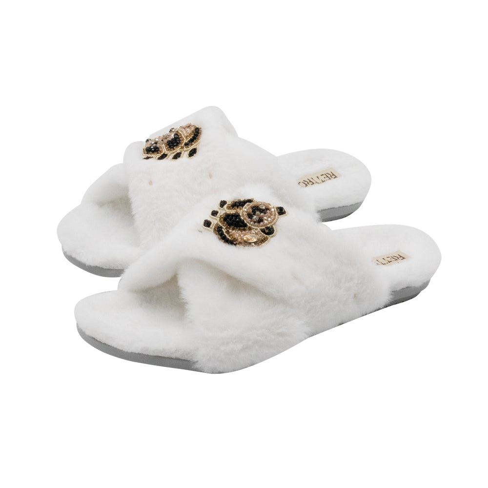 The Ember Cream Luxury Plush Diamanté Embellished Handmade Slipper | RETTROSE |