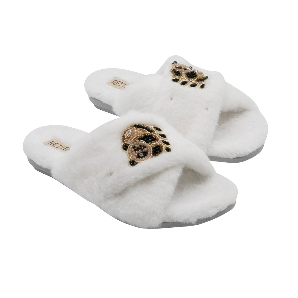 The Ember Cream Luxury Plush Diamanté Embellished Handmade Slipper | RETTROSE |