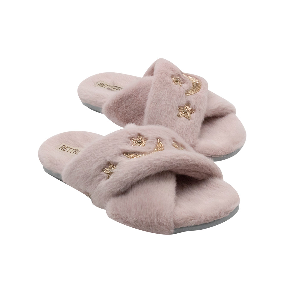 The Isabel Dusky Pink Luxury Plush Diamanté Embellished Handmade Slipper | RETTROSE |