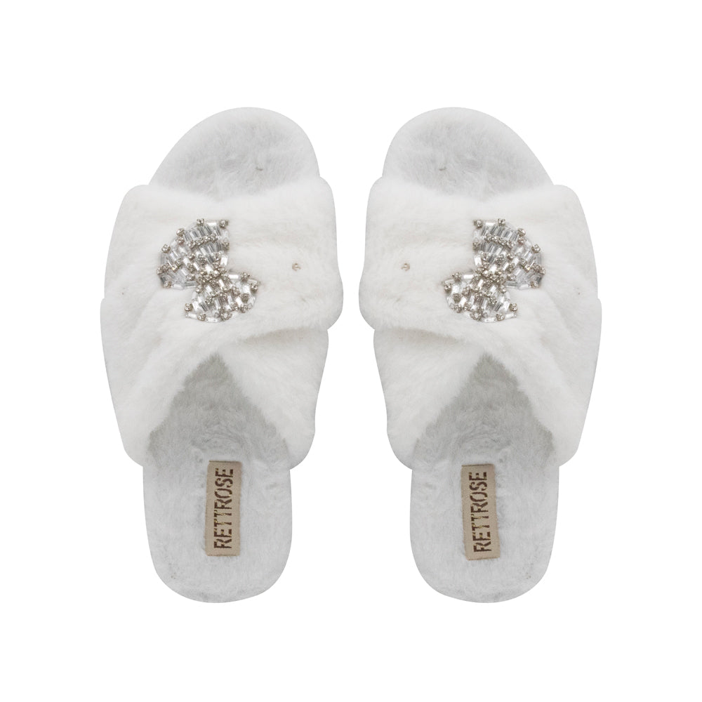 The Fefe Cream Luxury Plush Diamanté Embellished Handmade Slipper | RETTROSE |