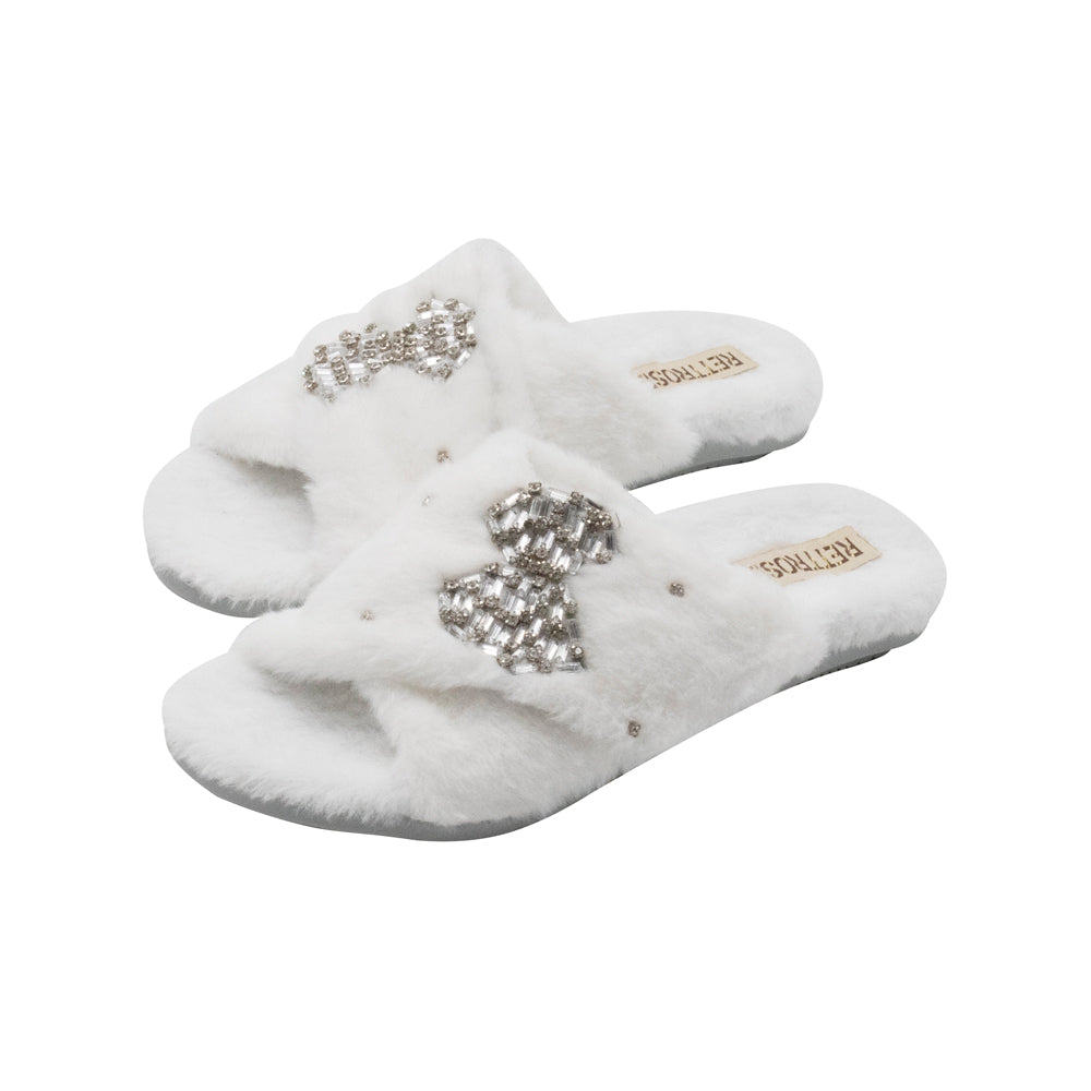 The Fefe Cream Luxury Plush Diamanté Embellished Handmade Slipper | RETTROSE |