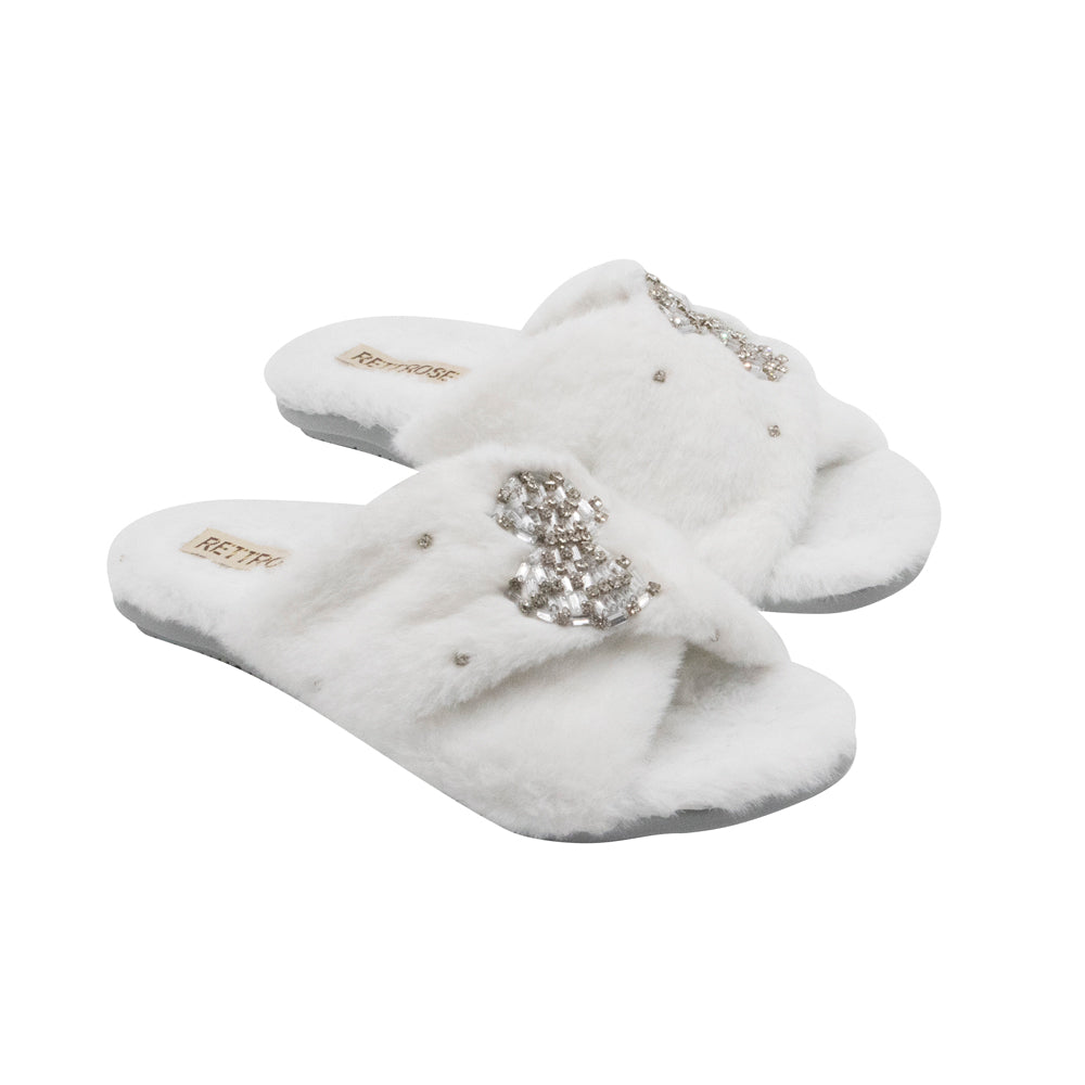 The Fefe Cream Luxury Plush Diamanté Embellished Handmade Slipper | RETTROSE |