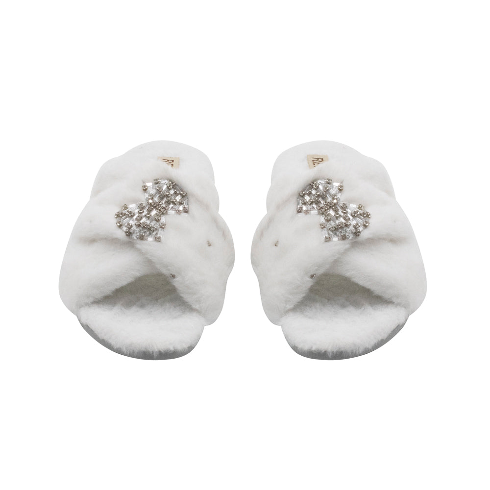 The Fefe Cream Luxury Plush Diamanté Embellished Handmade Slipper | RETTROSE |