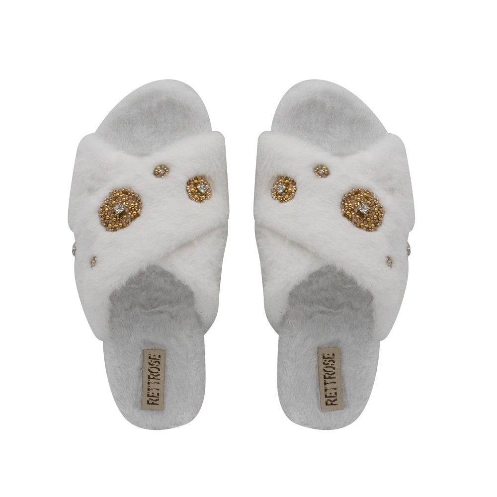 The Juliette Cream Luxury Plush Diamanté Embellished Handmade Slipper | RETTROSE |