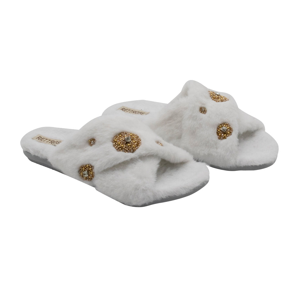 The Juliette Cream Luxury Plush Diamanté Embellished Handmade Slipper | RETTROSE |