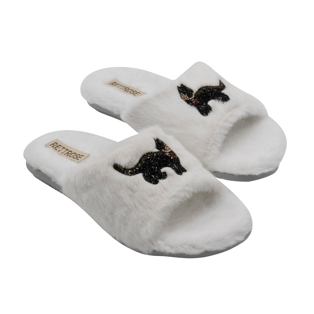 The Callie Cream Luxury Plush Diamanté Embellished Handmade Slipper | RETTROSE |