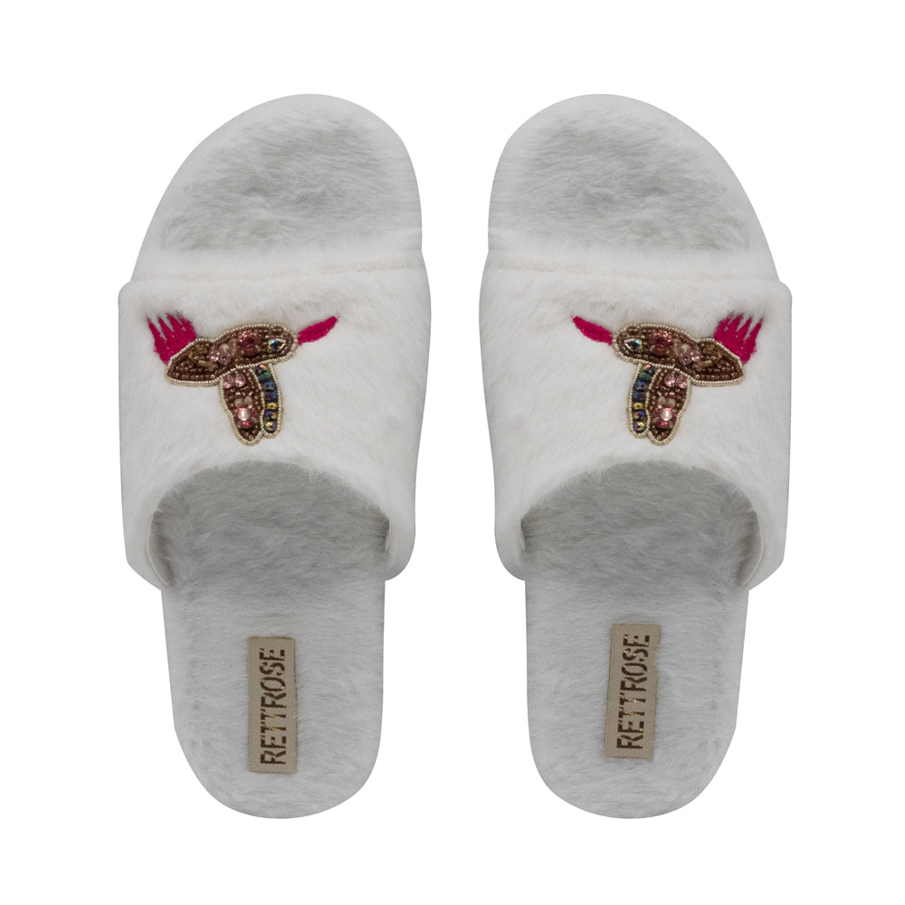 The Ariella Cream Luxury Plush Diamanté Embellished Handmade Slipper | RETTROSE |