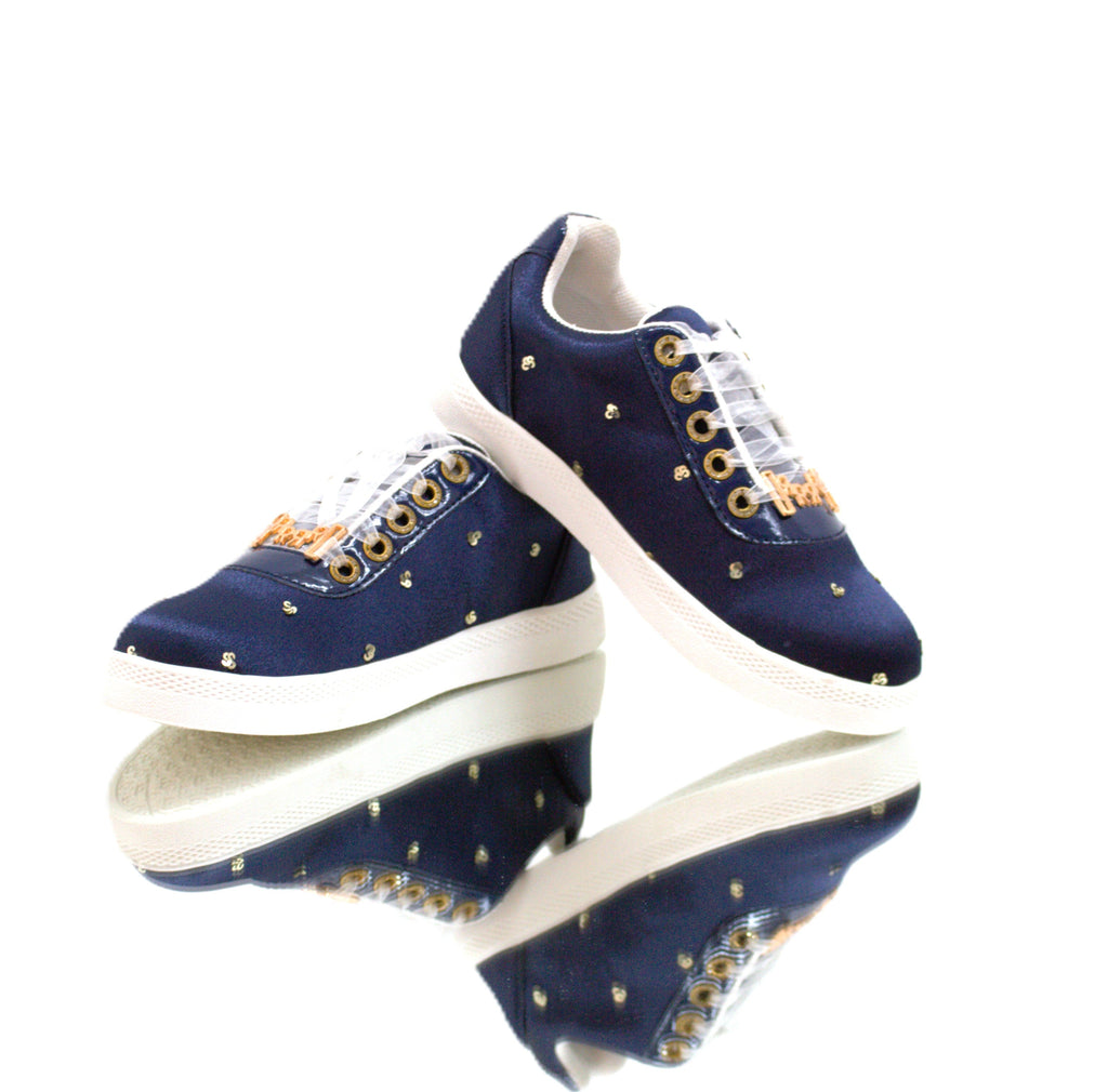 The Sloane Luxury Navy Satin Handmade Embellished Tennis Shoe | RETTROSE |