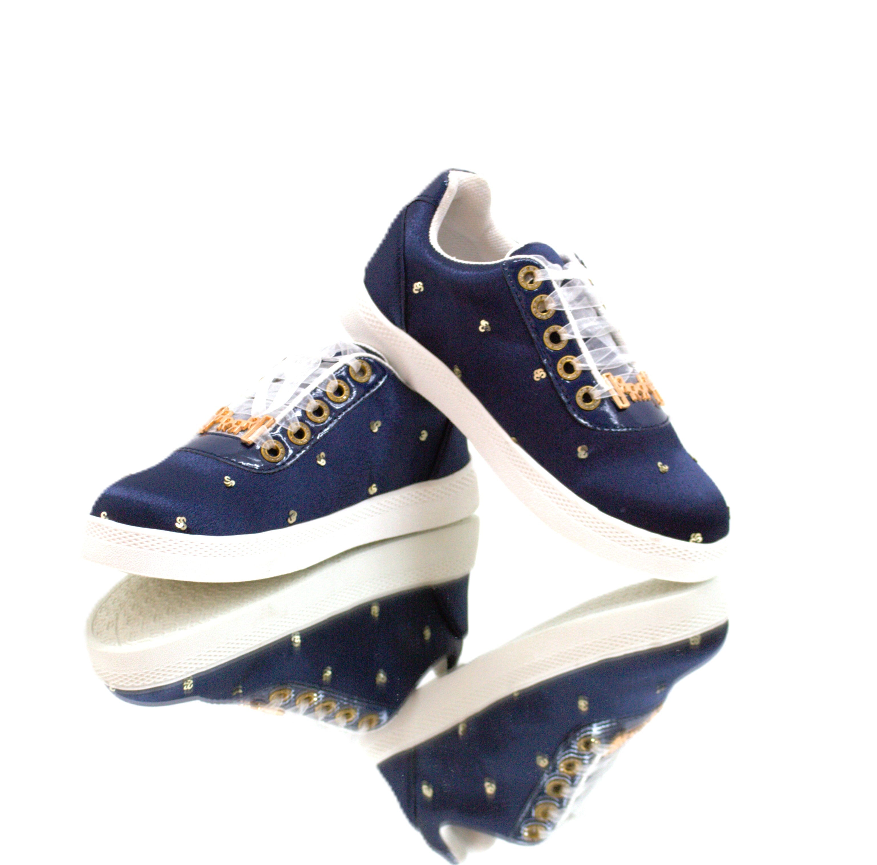 The Sloane Luxury Navy Satin Handmade Embellished Tennis Shoe | RETTROSE |