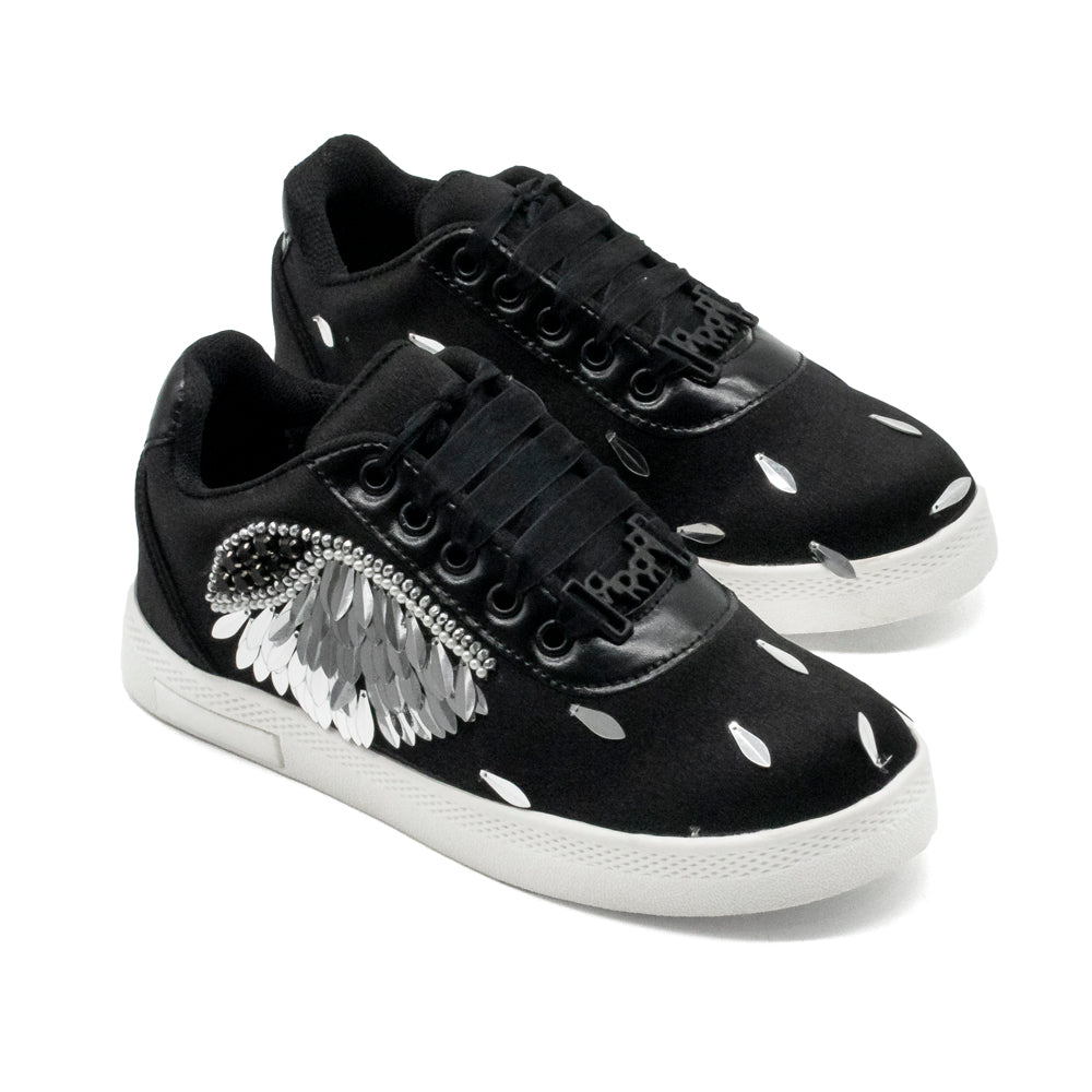 The Alina Luxury Black Satin Handmade Embellished Tennis Shoe | RETTROSE |