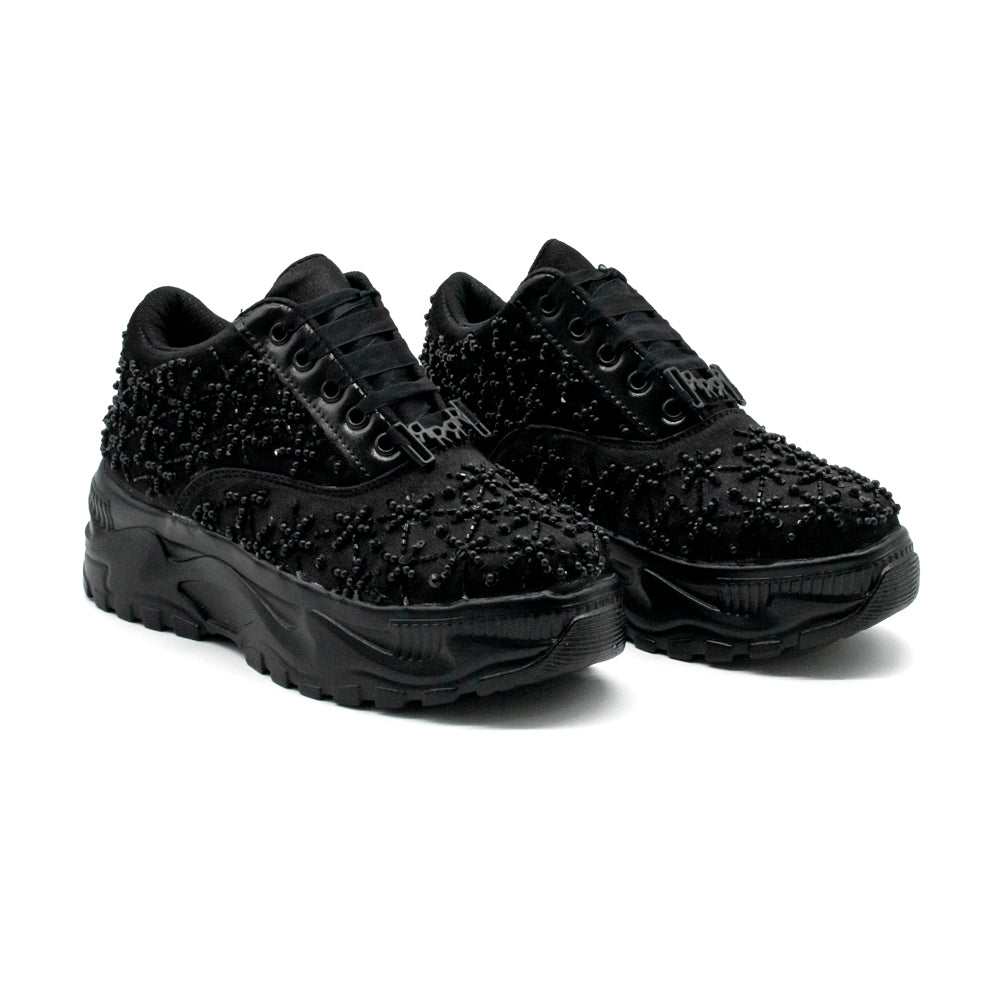 The Harper Luxury Black Satin Handmade Embellished Trainers | RETTROSE |
