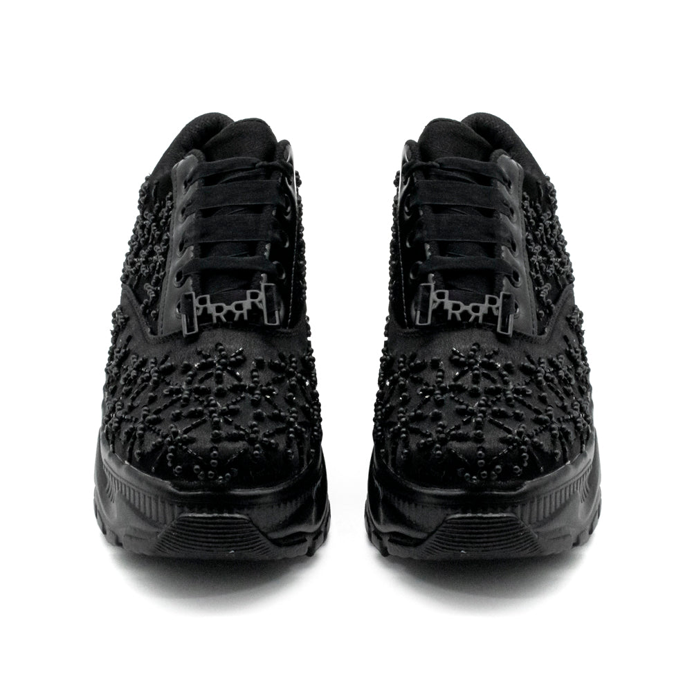 The Harper Luxury Black Satin Handmade Embellished Trainers | RETTROSE |