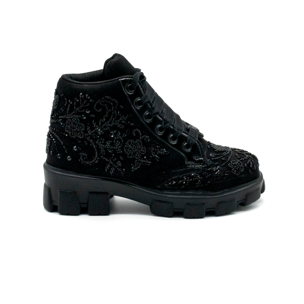 The Brooklyn Luxury Noir Suede Handmade Embellished Boot | RETTROSE |