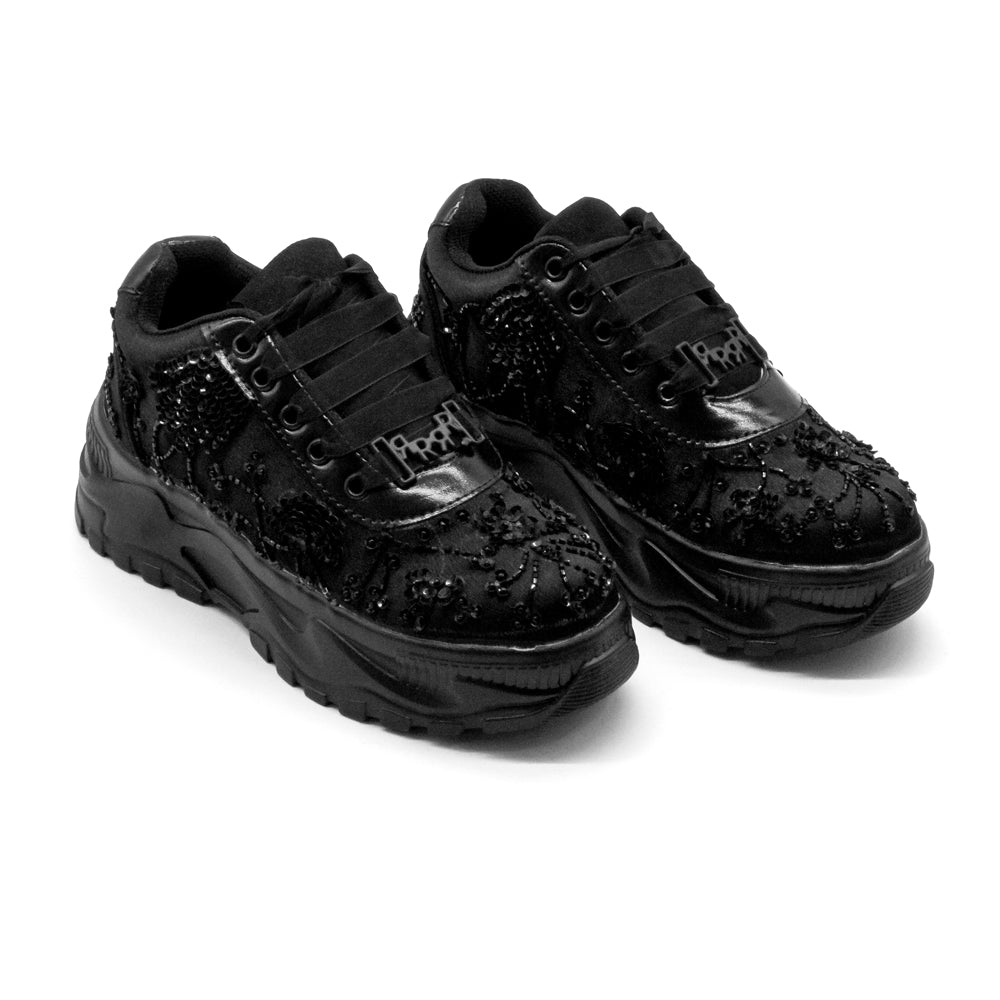 The Sarah Luxury Noir Satin Handmade Embellished Trainers | RETTROSE |