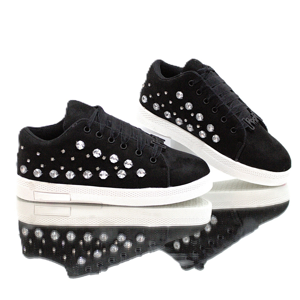 Rose Luxury Black Suede Handmade Embellished Tennis Shoe