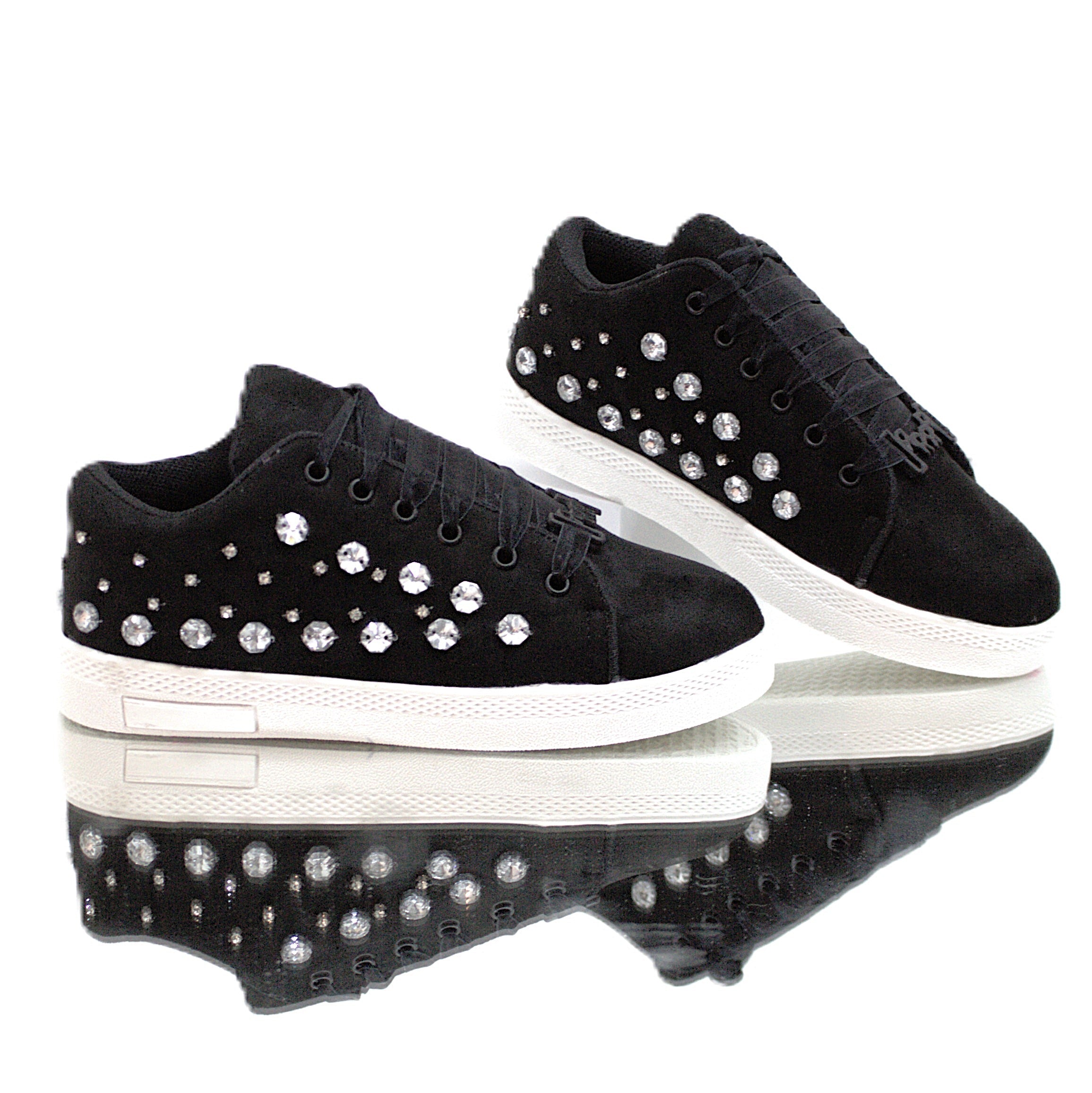 Rose Luxury Black Suede Handmade Embellished Tennis Shoe