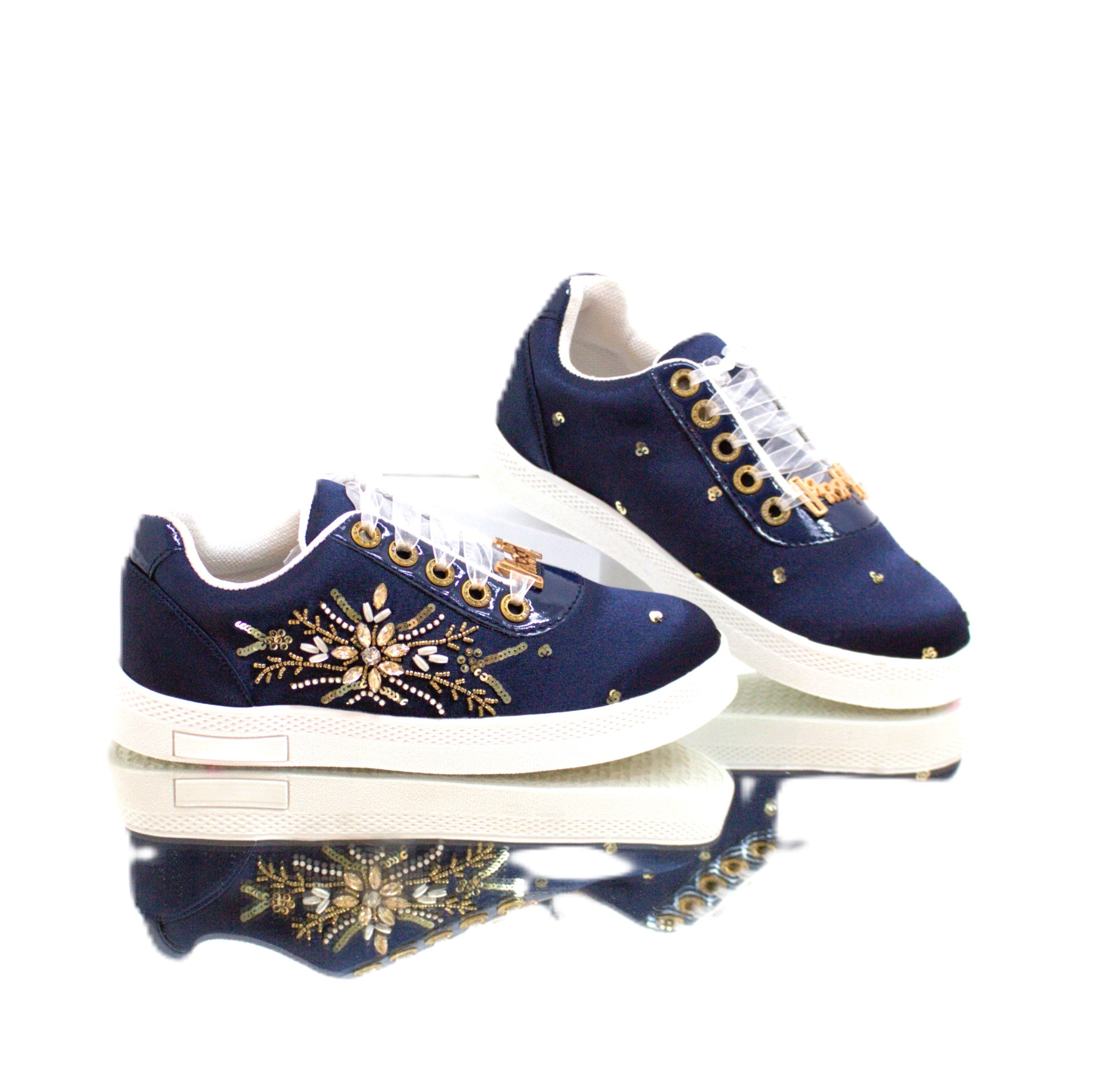 The Sloane Luxury Navy Satin Handmade Embellished Tennis Shoe | RETTROSE |