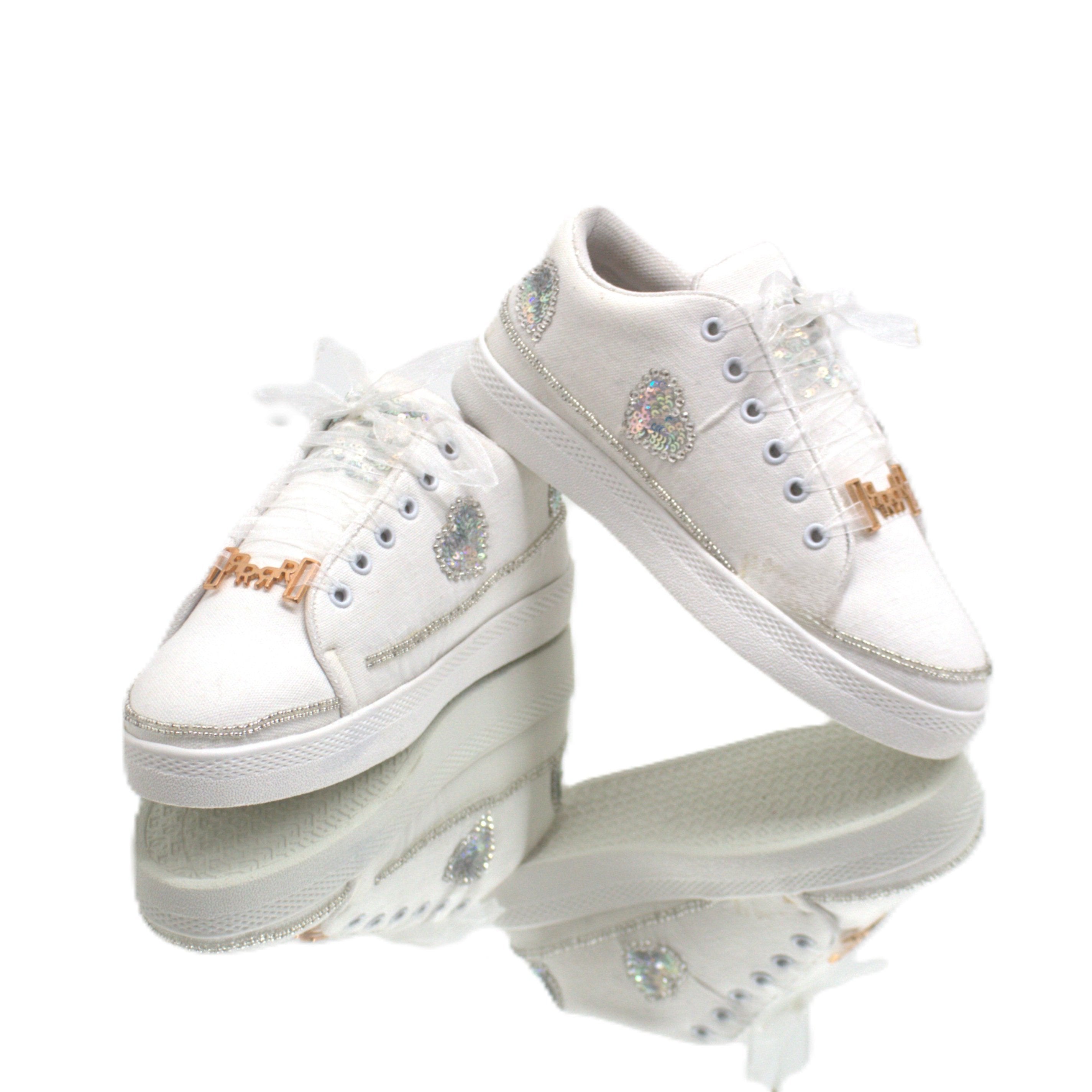 Raelynn Luxury White Canvas Handmade Embellished Tennis Shoe