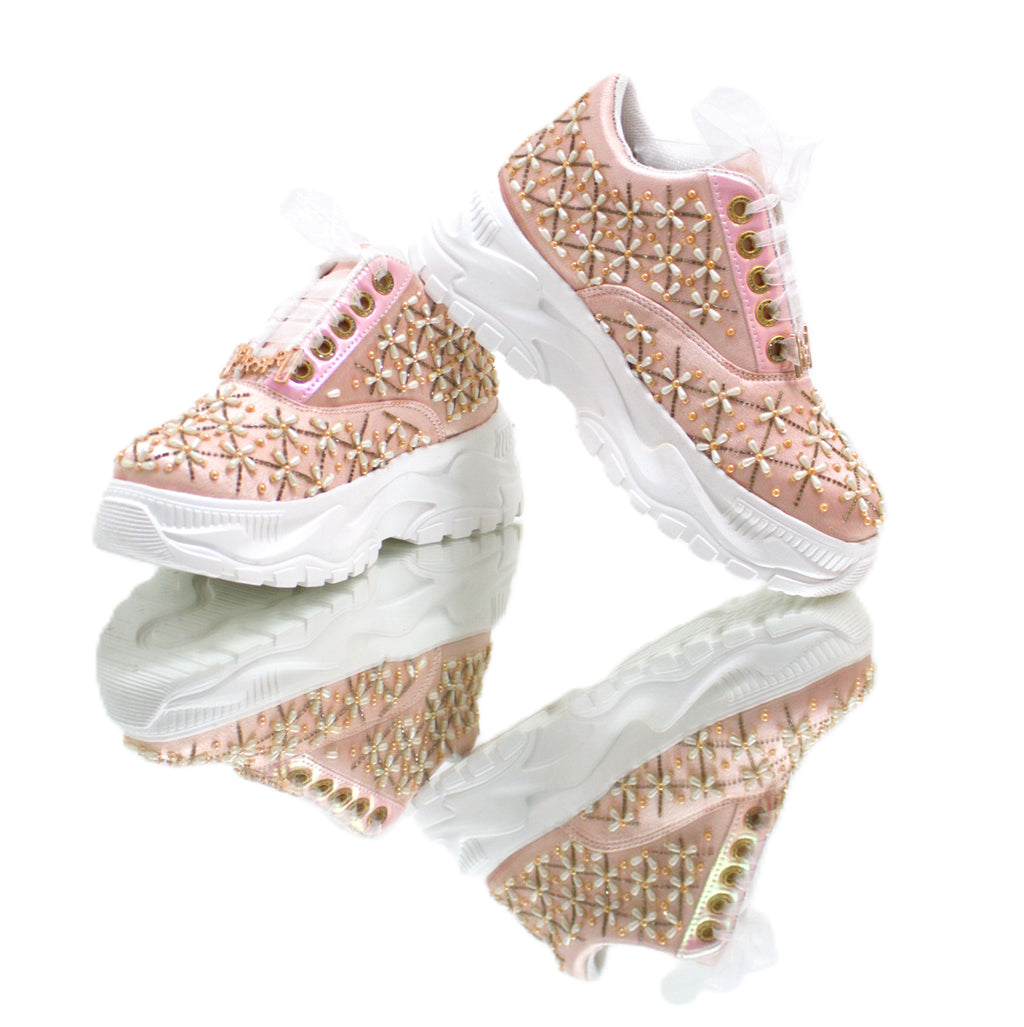 The Harper Luxury Nude Satin Handmade Embellished Trainers | RETTROSE |