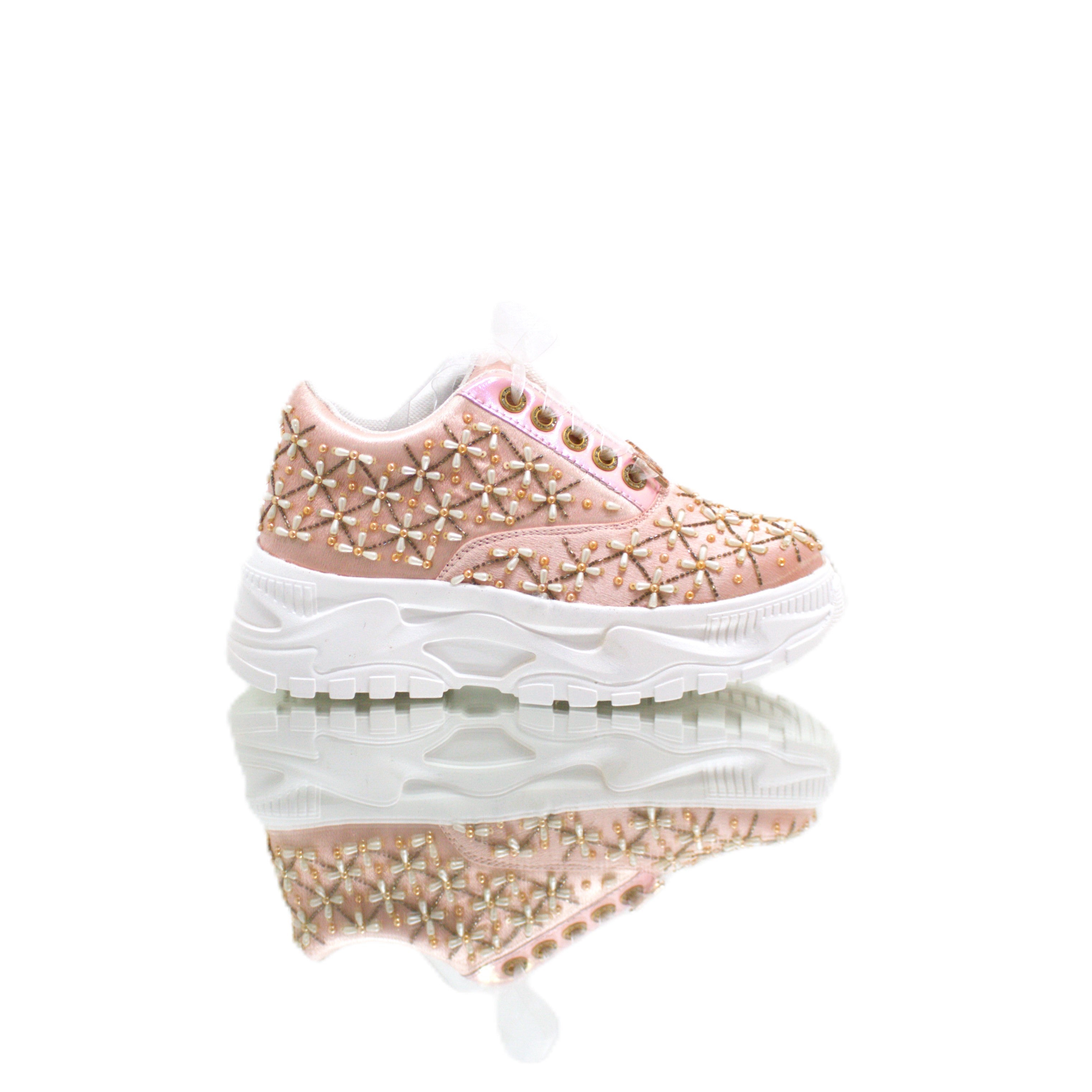 The Harper Luxury Nude Satin Handmade Embellished Trainers | RETTROSE |